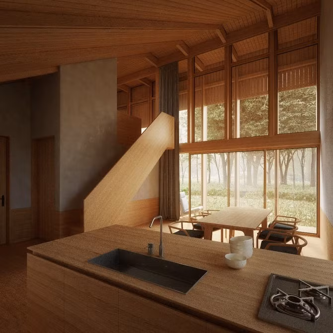 Nhà bếp rộng thoáng hướng ra bên ngoài.