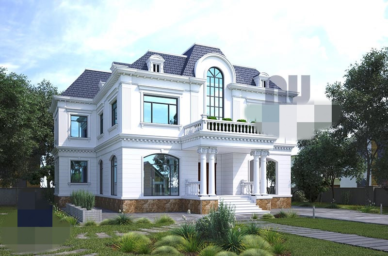 Để tăng thêm độ bề thế của biệt thự, dưới chân tường được ốp đá thẻ vân vàng sang trọng. Ảnh: Arcviet.