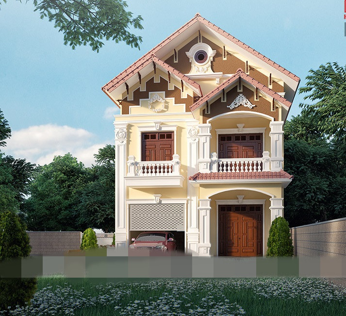 Mẫu biệt thự 2 tầng phong cách tân cổ điển với mái ngói siêu đẹp, có gara, sân vườn ai cũng ao ước. Ảnh: Housevn.