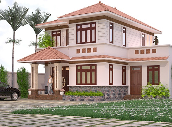 Biệt thự tân cổ điển 2 tầng đơn giản dễ thi công với hệ thống mái ngói nổi bật. Ảnh: Housevn.