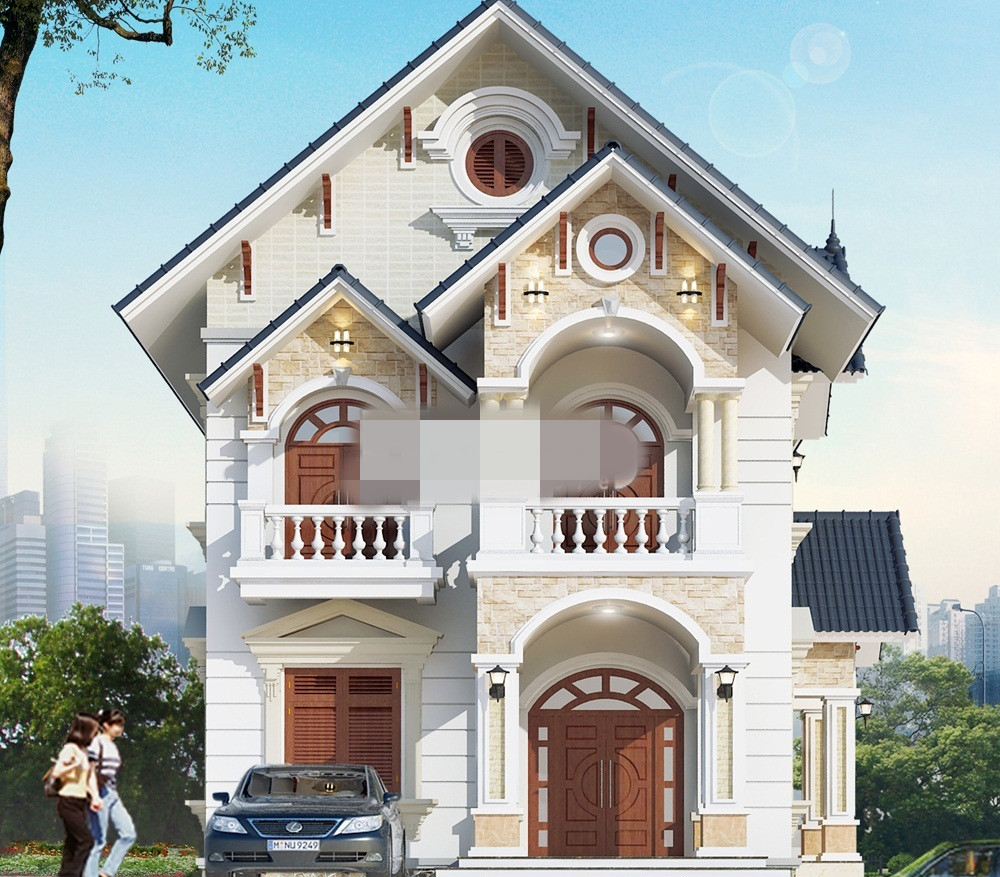 Thiết kế theo kiến trúc tân cổ điển Pháp, biệt thự vườn mái thái ấn tượng với các chi tiết gờ chỉ nhẹ nhàng tinh xảo, mái sảnh dạng vòm. Ảnh: Nhasang.