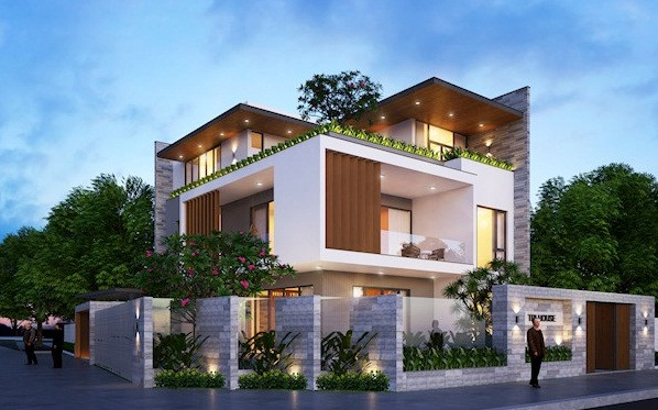 Hai mặt tiền là điểm thuận lợi giúp kiến trúc sư bố trí góc sân vườn xanh tạo thông thoáng và tạo góc thư giãn cho ngôi nhà. Ảnh: Nhadepdanang.