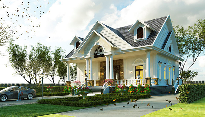 Biệt thự hướng mặt tiền theo phong cách hiện đại châu Âu. Ảnh: Nhadepvuonxinh.