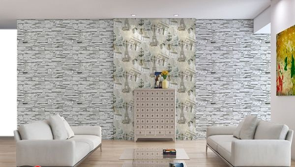 Giấy dán tường giả đá với tông sáng giúp phòng khách trở nên sáng sửa hơn. Ảnh: Giaydantuongtphcm.