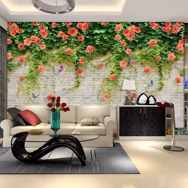 Căn phòng mát hơn nhờ giấy dán tường giả gạch kèm họa tiết hoa hồng leo lãng mạn. Ảnh: Homedit.