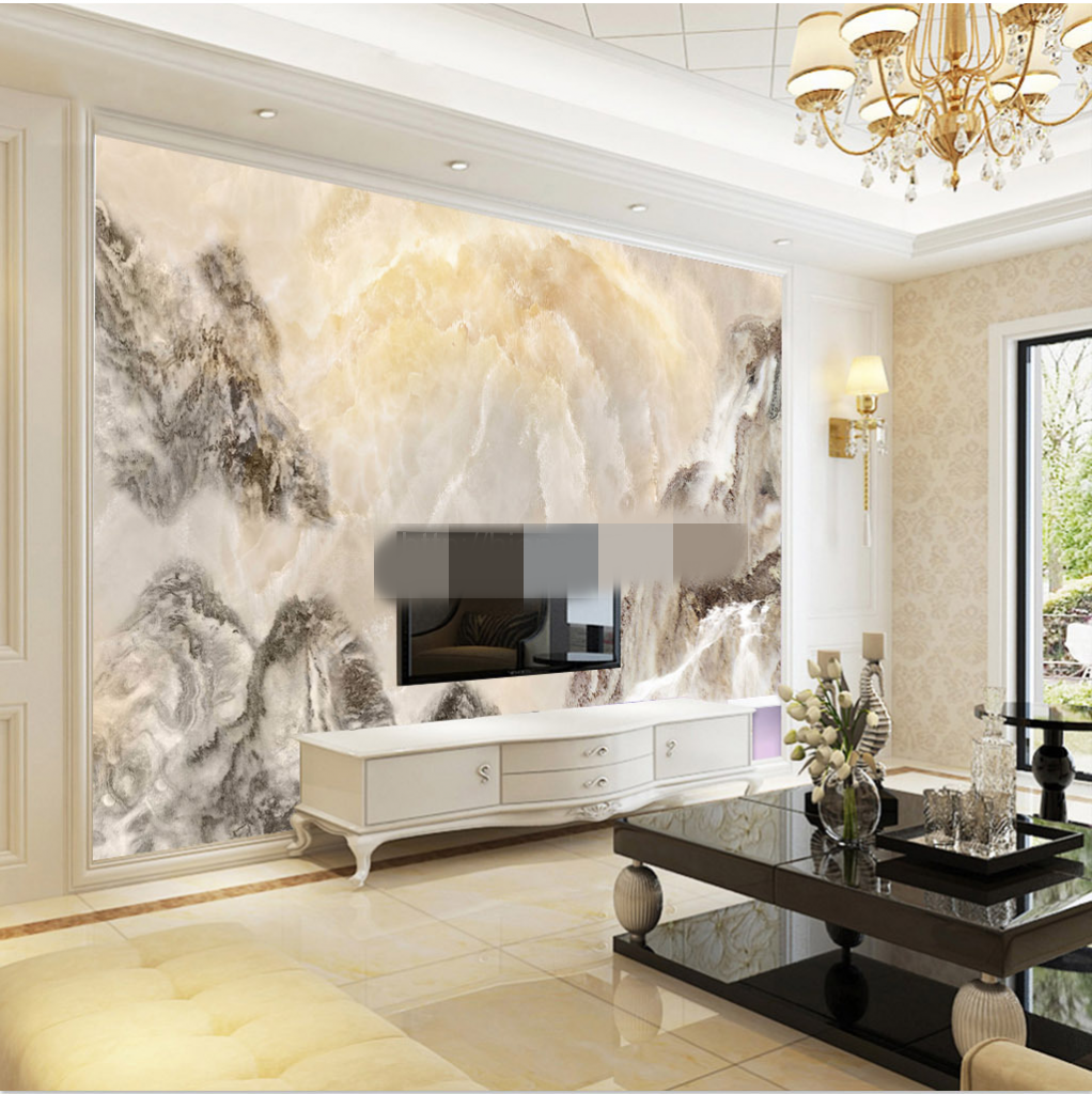 Mẫu tranh dán tường giả đá cẩm thạch cũng được sử dụng nhiều trong phòng khách. Ảnh: Hienanhjsc.