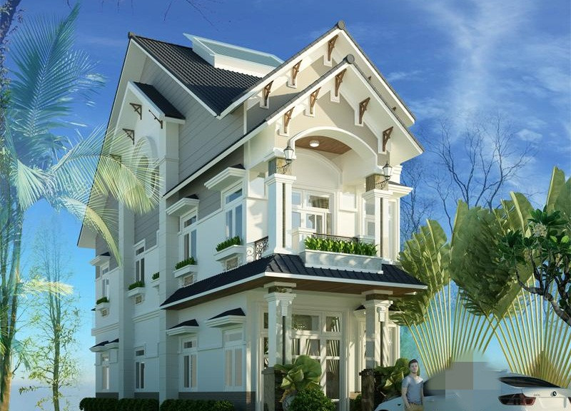 Nhà 2 tầng mái thái vừa có nét truyền thống xưa cũ, vừa kết hợp đường nét khỏe khoắn, mạnh mẽ. Ảnh: Kiencongsinh.