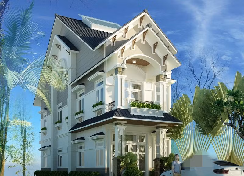 Nhà 2 tầng mái thái vừa có nét truyền thống xưa cũ, vừa kết hợp đường nét khỏe khoắn, mạnh mẽ. Ảnh: Kiencongsinh.