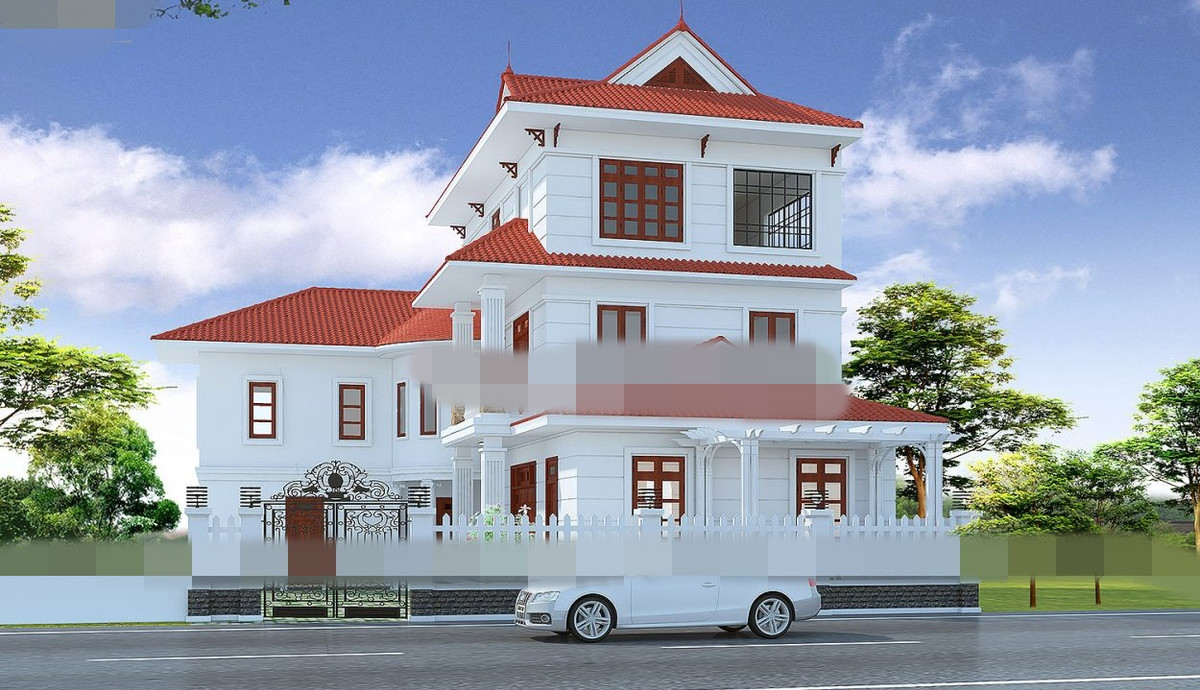 Nhà vườn 3 tầng mái thái hình chữ L tận dụng góc vuông đất tạo khoảng sân thoáng và mảnh vườn lớn trồng cây. Ảnh: Kienphumy.