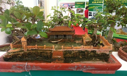 Những tiểu cảnh cây đa, bến nước, mái đình được nghệ nhân Minh cắt tỉa trong chậu bonsai. Ảnh: Vietnamnet.