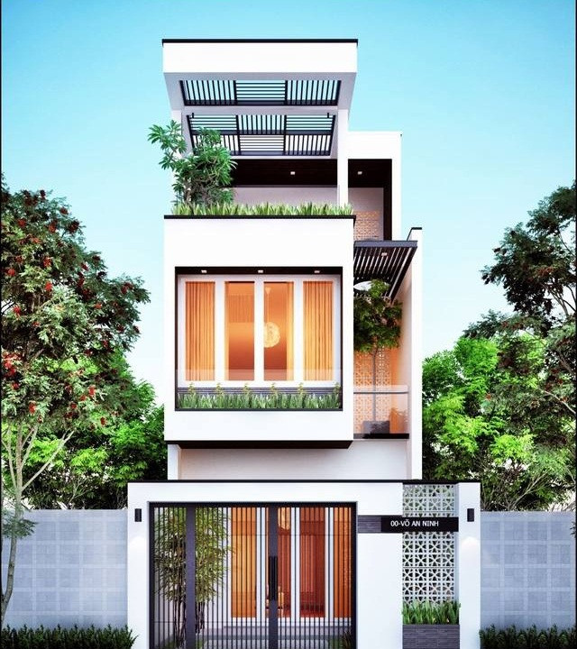 Nhà ống sử dụng khung thép cho cổng ra vào và mái che trên tầng thượng giúp giảm chi phí xây dựng và rút ngắn thời gian thời gian hoàn thiện. Ảnh: Thiekenhadepmoi.