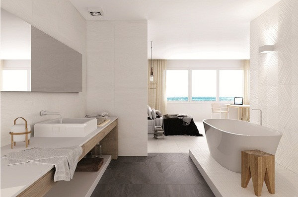 Gạch lát nền màu đen tương phản với gạch ốp tường màu trắng tạo ấn tượng mạnh trong phòng tắm. Ảnh: Gachvietceramics.