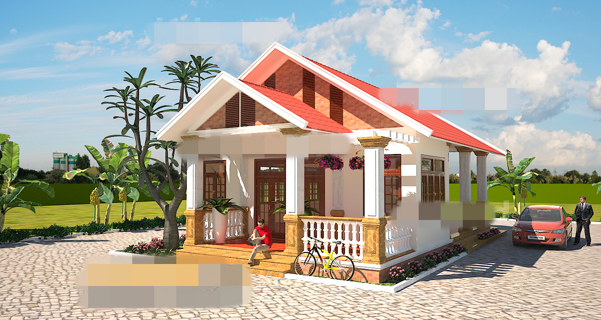 Biệt thự vườn 1 tầng mái ngói đỏ, trang trí đá hoa cương màu vàng ngoài mặt tiền phù hợp với gia chủ muốn có một không gian yên tĩnh mà tràn ngập màu sắc. Ảnh: Vinatrends.