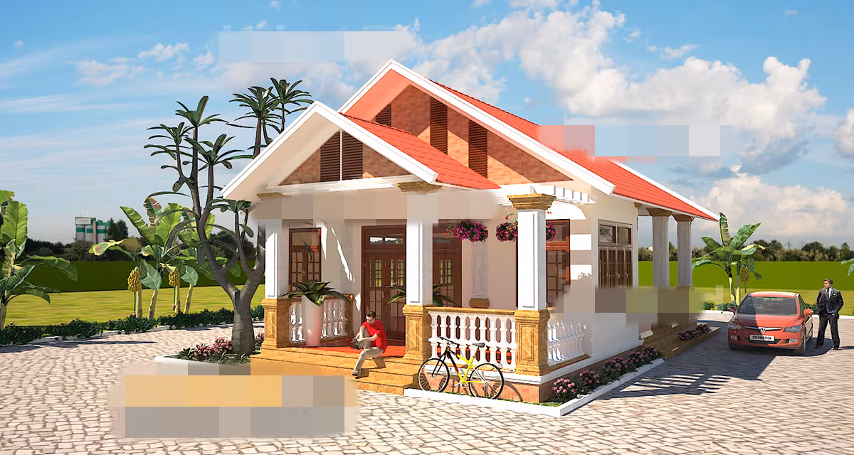 Biệt thự vườn 1 tầng mái ngói đỏ, trang trí đá hoa cương màu vàng ngoài mặt tiền phù hợp với gia chủ muốn có một không gian yên tĩnh mà tràn ngập màu sắc. Ảnh: Vinatrends.