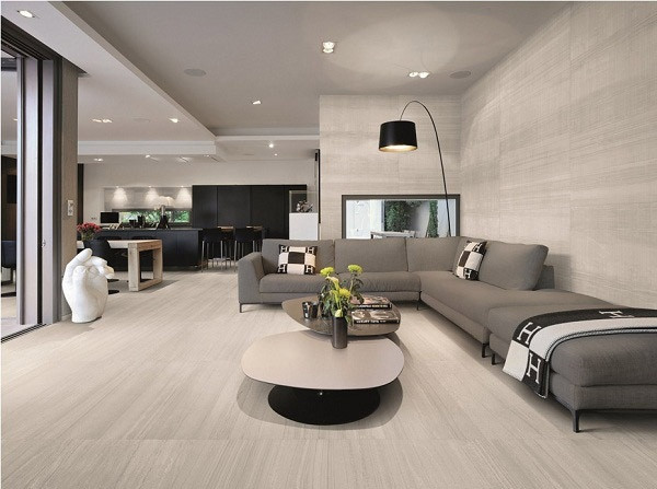 Phòng khách sử dụng gạch lát nền vân gỗ tạo cảm giác ấm cúng. Ảnh: Gachvietceramics.