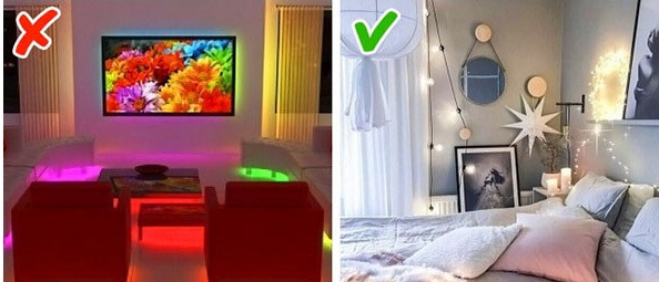 Phòng ngủ nổi bật với ánh đèn xanh, đỏ, tím, vàng rất thịnh hành vài năm trước. Nhưng ngày nay kiểu trang trí này được thay thế bằng ánh sánh dịu hơn.