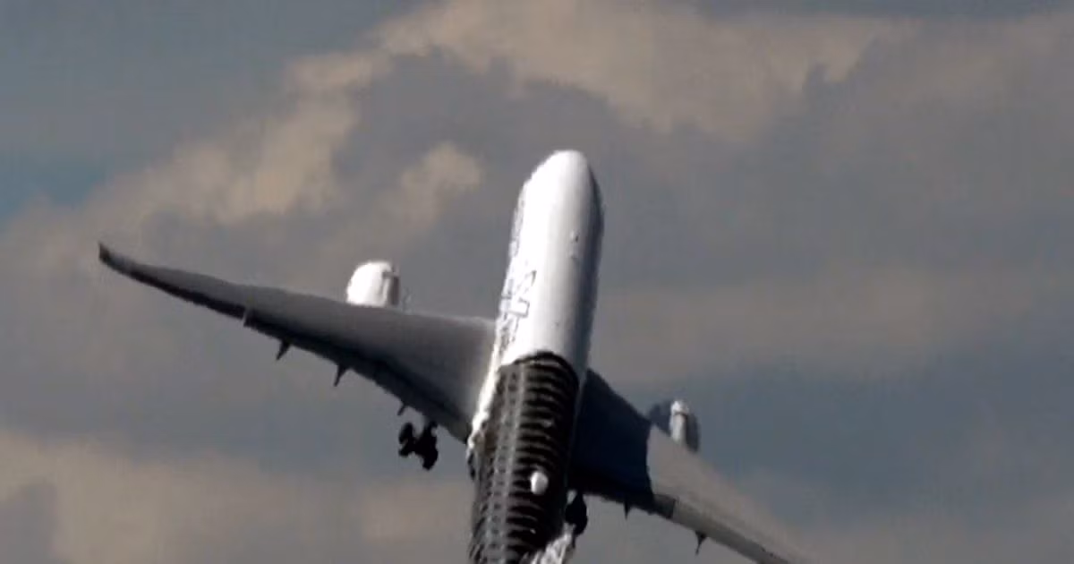 Chiếc máy bay Airbus A350 có màn trình diễn choáng ngợp, khiến nhiều người thót tim khi gần như bay thẳng lên trời theo chiều dựng đứng. Ảnh: Mirror.