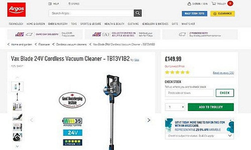 Chiếc máy hút bụi được bán với giá 150 bảng Anh (hơn 4,7 triệu đồng) trên Argos.