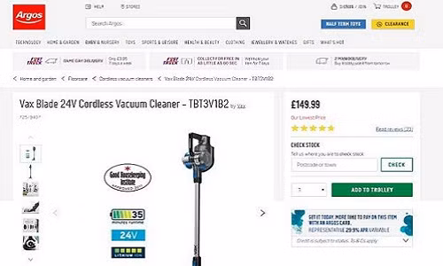 Chiếc máy hút bụi được bán với giá 150 bảng Anh (hơn 4,7 triệu đồng) trên Argos.