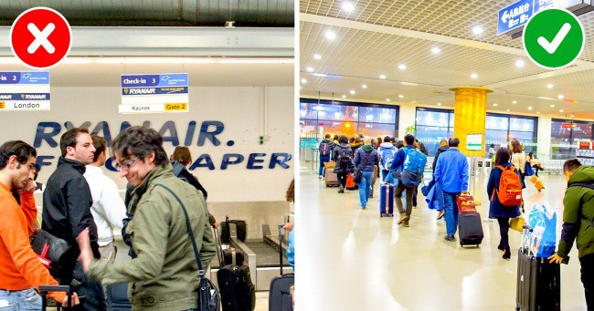  Hàng người xếp dài chờ đợi. Thay vì xếp hành nhiều hàng, tại khu vực check-in và kiểm tra an ninh luôn có một hàng người dài chờ đợi.