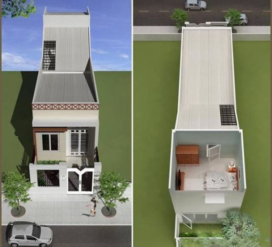 Nhà ống 1 tầng có gác lửng sử dụng màu sắc trẻ trung, trước nhà có sân rộng để xe. Ảnh: Datbinhduong.