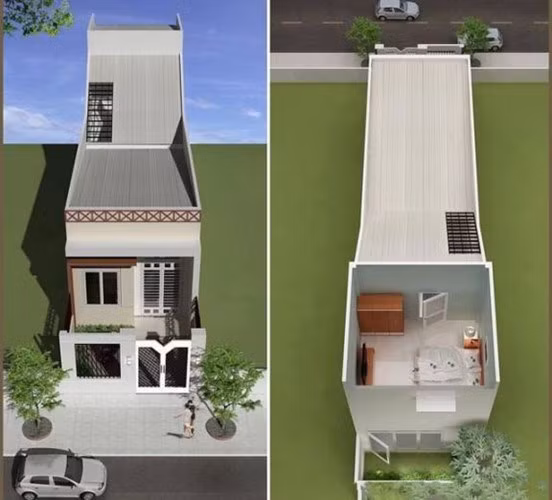 Nhà ống 1 tầng có gác lửng sử dụng màu sắc trẻ trung, trước nhà có sân rộng để xe. Ảnh: Datbinhduong.