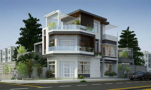 Mặt tiền ngôi nhà sử dụng sơn trắng kem sang trọng. Các ô kính cửa sổ rộng giúp không gian trong các phòng trở nên thoáng đãng. Ảnh: Kientrucnoithatlongan.