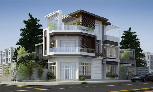 Mặt tiền ngôi nhà sử dụng sơn trắng kem sang trọng. Các ô kính cửa sổ rộng giúp không gian trong các phòng trở nên thoáng đãng. Ảnh: Kientrucnoithatlongan.