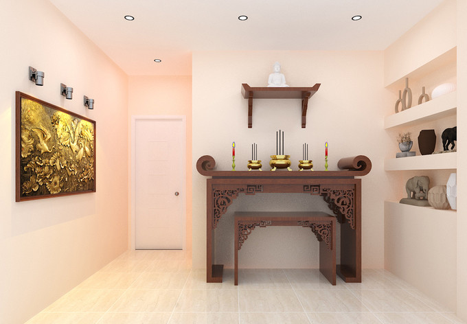 Cũng như nhiều thiết kế nhà ống truyền thống, phòng thờ nhỏ bố trí trên tầng 3, sử dụng gam màu trầm trang trọng.