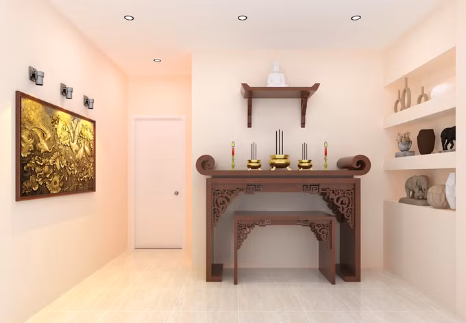 Cũng như nhiều thiết kế nhà ống truyền thống, phòng thờ nhỏ bố trí trên tầng 3, sử dụng gam màu trầm trang trọng.