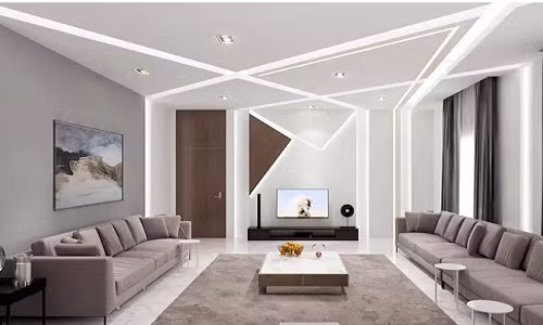 Trần nhà phá cách với sự sáng tạo trong hệ thống đèn chiếu sáng. Những dải sáng xuyên suốt trần và tường nhà ở phòng khách này giúp căn phòng luôn sáng sủa và cuốn hút. Ảnh: Homify.