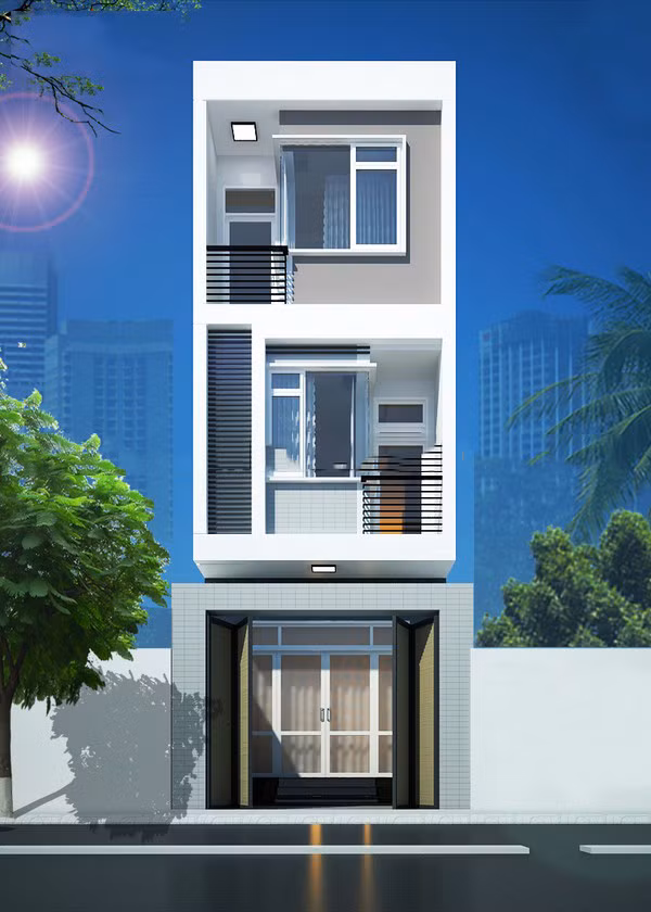 Mặt tiền tầng 1 được ốp đá granite màu sáng giúp nhà luôn tươi mới và bền màu với thời gian. Ảnh: Internet.