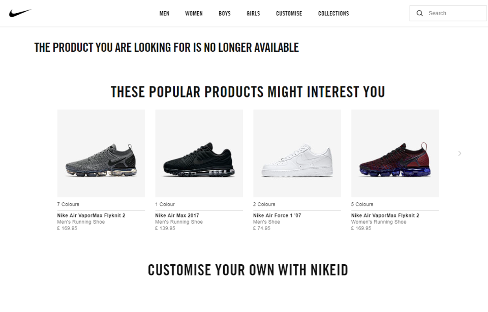 Hãng thời trang Nike cũng cháy hàng các bộ dụng cụ thể thao trên website chính thức. Ảnh: Thesun.