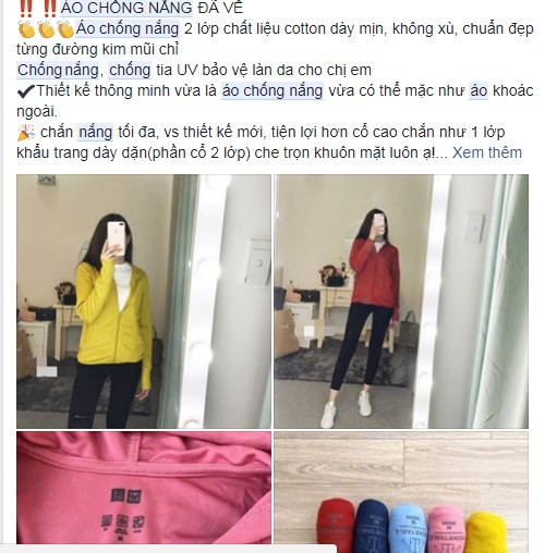Không chỉ các cửa hàng trên phố, áo chống nắng rao bán trên chợ mạng cũng thu hút nhiều khách mua. Ảnh: Facebook.