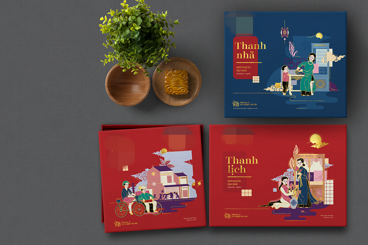 Hộp bánh trung thu tái hiện một khung cảnh sinh hoạt quen thuộc của người Hà Nội thanh lịch. Ảnh: Brandsvietnam.