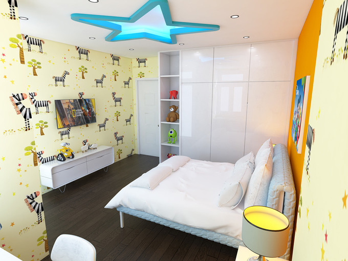 Phòng ngủ của bé trai 4 tuổi ngộ nghĩnh với giấy dán tường họa tiết.