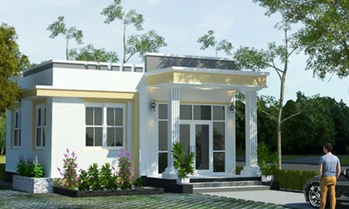 Đây là mẫu nhà mái bằng phổ biến ở nông thôn với kiến trúc tối giản và hình khối vuông vức gọn gàng. Ảnh: Angcovat.