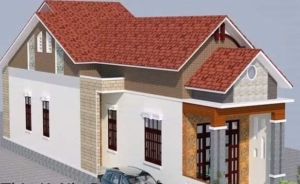 Nhà cấp 4 mái thái thiết kế tiền sảnh chính và lối vào phòng khách, phía sau có phòng tắm vệ sinh và lối ra bên hông. Ảnh: Thietkenhadepmoi.