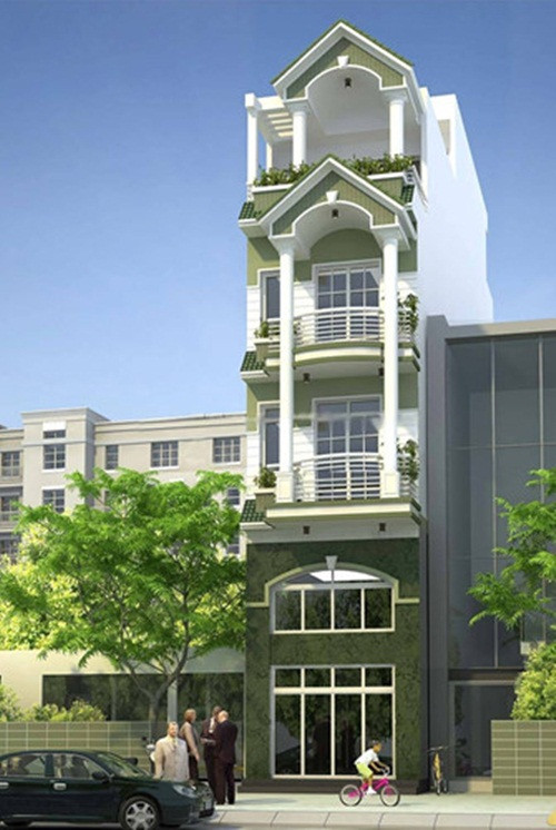 Màu xanh rêu tạo điểm nhấn nổi bật cho ngôi nhà phố 4 tầng. Ảnh: Kientrucadong.