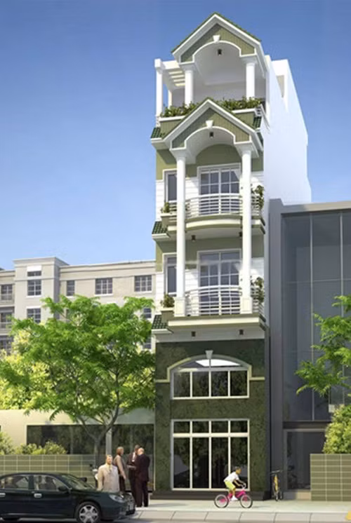 Màu xanh rêu tạo điểm nhấn nổi bật cho ngôi nhà phố 4 tầng. Ảnh: Kientrucadong.