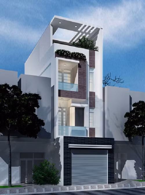 Điểm nhấn của ngôi nhà ống 3 tầng đến từ đá ốp tường, gam màu trắng sữa tinh khôi. Ảnh: Maunhadepmoi.