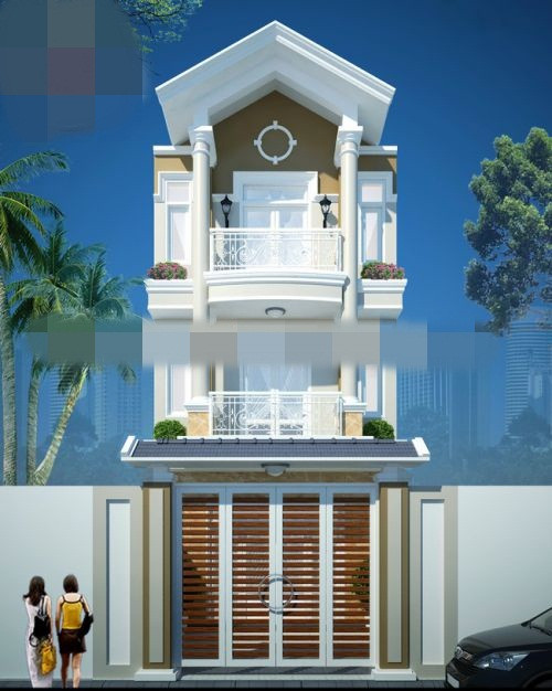 Nhà phố mái thái có 3 phòng ngủ hiện đại, phòng khách có giếng trời. Ảnh: Nhadepkiendong.