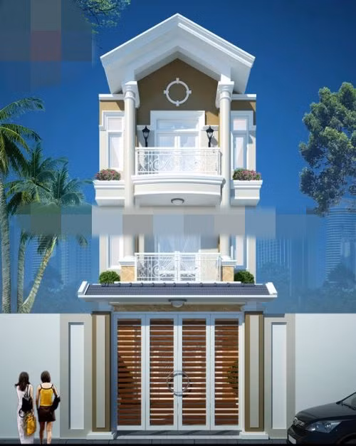 Nhà phố mái thái có 3 phòng ngủ hiện đại, phòng khách có giếng trời. Ảnh: Nhadepkiendong.