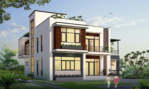 Thiết kế biệt thự mái bằng lấy điểm nhấn là màu sơn trắng và hệ cửa kính hiện đại. Ảnh: Kientrucsuvietnam.