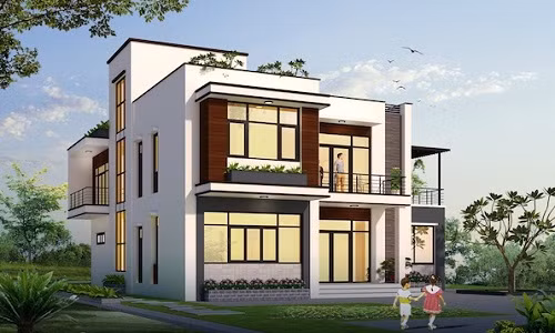 Thiết kế biệt thự mái bằng lấy điểm nhấn là màu sơn trắng và hệ cửa kính hiện đại. Ảnh: Kientrucsuvietnam.