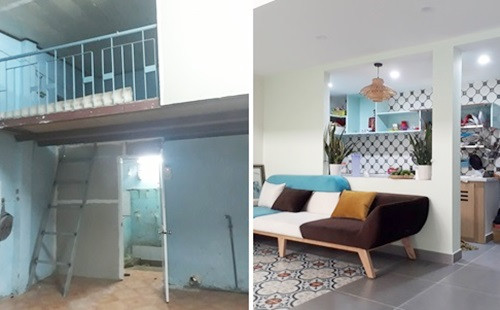 Phòng trọ cũ lột xác thành phòng khách thoáng đãng, hiện đại.