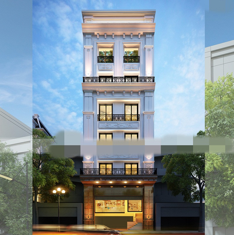 Nét cổ điển của ngôi nhà phố 5 tầng thể hiện ở các chi tiết cột, mái vòm và nước sơn sáng màu cùng hình khối kiến trúc cân đối. Ảnh: Greenhouse.