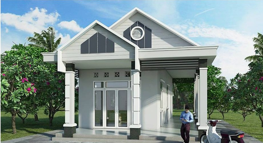 Ngôi nhà cấp 4 được thiết kế chỉn chu với gam màu trắng xanh thanh thoát kết hợp với cửa nhôm kính xám toát hài hòa. Ảnh: Greenhouse.