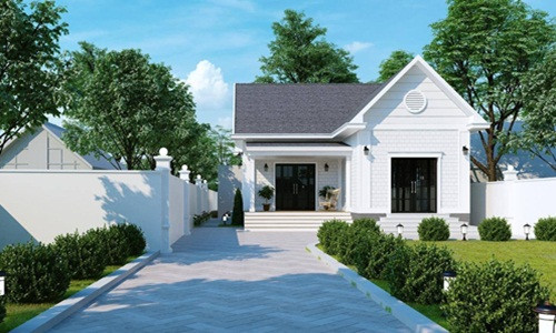 Mẫu nhà cấp 4 mái thái chữ l hiện đại 9x10m, được chia thành 1 phòng khách, 1 phòng bếp, phòng ăn, 2 phòng ngủ và 1 nhà vệ sinh. Ảnh: Vtkong.