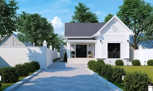 Mẫu nhà cấp 4 mái thái chữ l hiện đại 9x10m, được chia thành 1 phòng khách, 1 phòng bếp, phòng ăn, 2 phòng ngủ và 1 nhà vệ sinh. Ảnh: Vtkong.